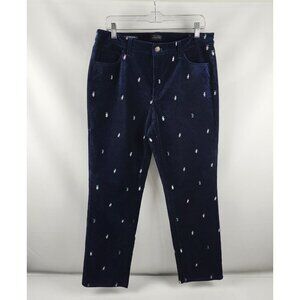 Talbots Pants Womens 12P Navy Velveteen Straight Leg Penguin Novelty Print NWT